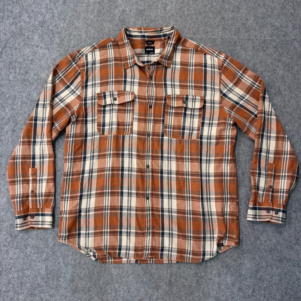PrAna Brown Plaid Westbrook Flannel Long Sleeve Button Down Shirt Men's Size XXL